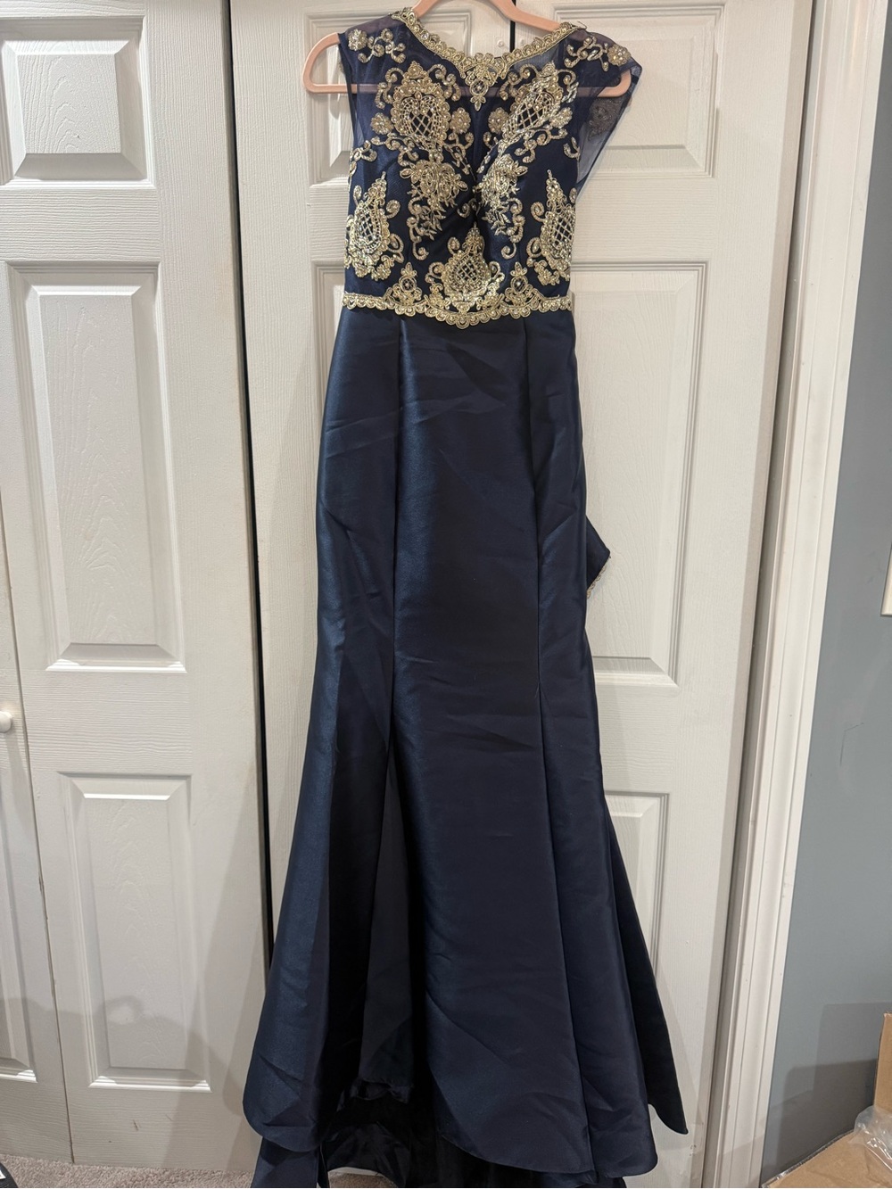Stella  Couture Navy and Gold Embroidered Evening Gown